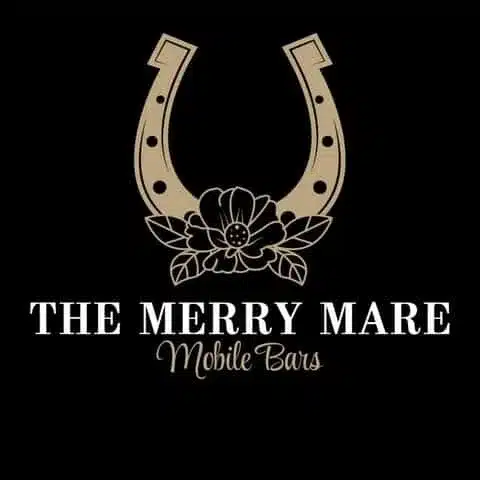 The Merry Mare Mobile Bars logo with horseshoe and floral design